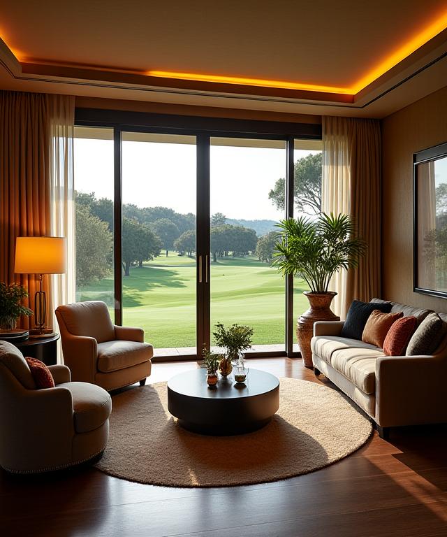 Interni eleganti della clubhouse di Alba Scura con vista sul campo