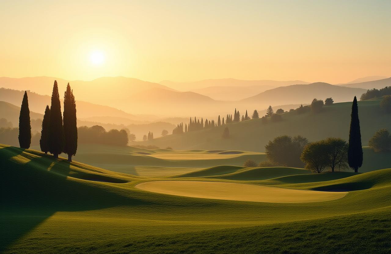 Campo da golf di Alba Scura all'alba con nebbia sulle colline toscane